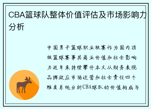 CBA篮球队整体价值评估及市场影响力分析